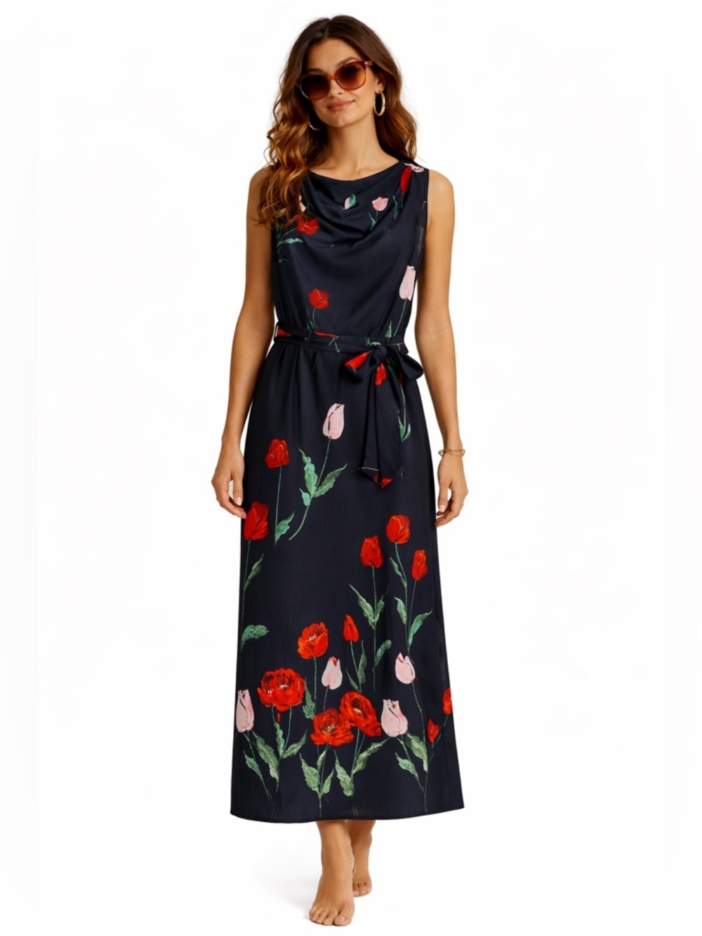 Vintage Fluid maxi dress floral tulip print cowl neck single stitch feminine